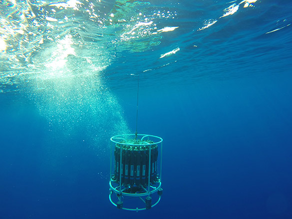 An underwater profiling CTD deployed from a ship