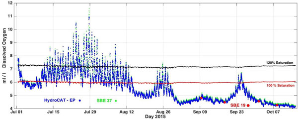 Hourly values of dissolved oxygen in Shilshole Bay measured with a HydroCAT-EP (blue dots), an SBE 37 MicroCAT (green dots), and an SBE 43 deployed on an SBE 19plus V2 SeaCAT CTD (red circles)